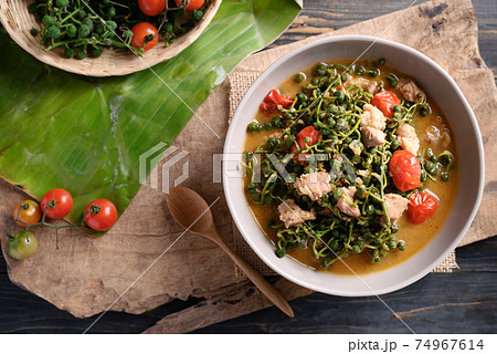Northern Thai food (Kaeng Sa Lae), Spicy soup Broussonetia Kurzii with pork and tomatoes Northern Thai food (Kaeng Sa Lae), Spicy soup Broussonetia Kurzii with pork and tomatoes 74967614