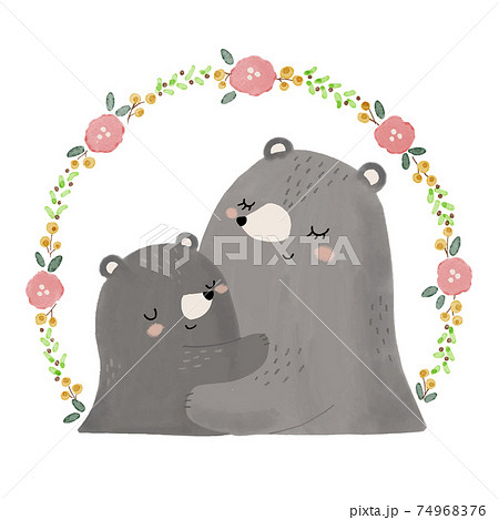 ハグしあっている親子のクマと花のフレーム 手描きイラストのイラスト素材