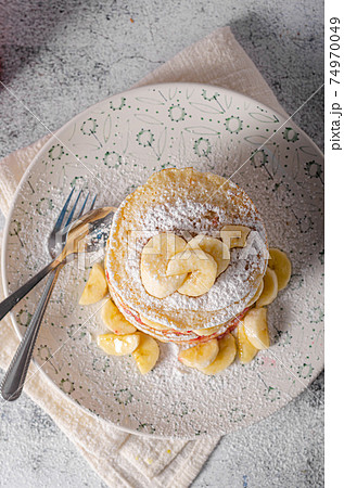 Banana pancakes with homemade jam Banana pancakes with homemade jam 74970049
