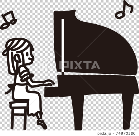 グランドピアノを弾く女の子の簡単なモノクロイラストのイラスト素材
