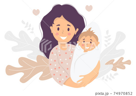 Motherhood Happy Woman With A Newborn Baby In のイラスト素材