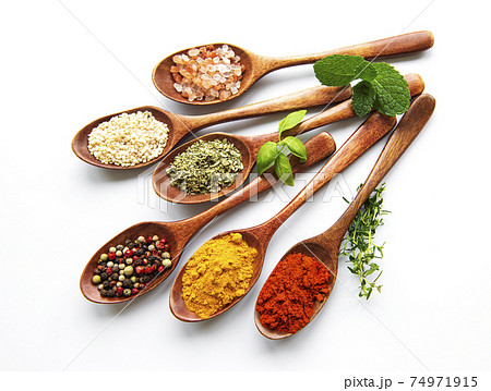 Various spices isolated on white background, top view Various spices isolated on white background, top view 74971915