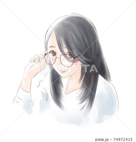 眼鏡をかけた黒髪ロングの女性のイラスト素材