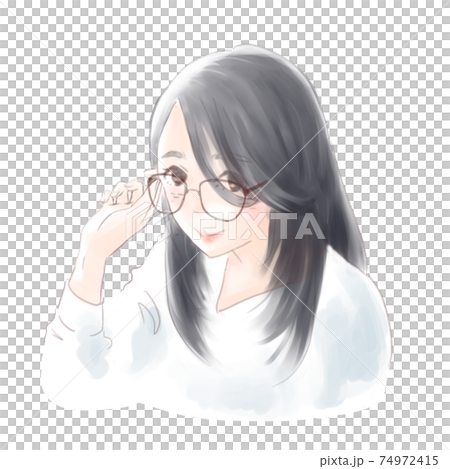 眼鏡をかけた黒髪ロングの女性のイラスト素材