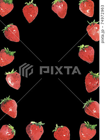 水彩画 フレーム 飾り枠 イチゴ柄 苺 フルーツ 果物 黒色バック 背景色のバリエーションありのイラスト素材
