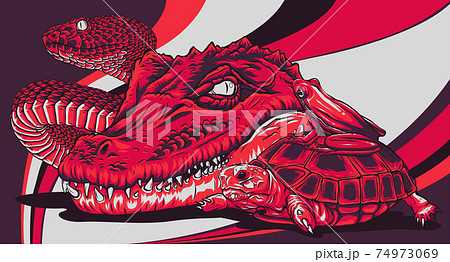 Set of reptiles and amphibians. Wild Crocodile, snake, turtle and frog 74973069