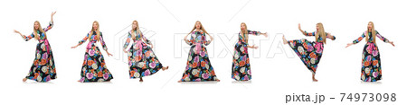 Girl in long flower dress isolated on white 74973098