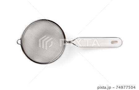 Stainless steel tea strainer with plastic handle isolated on white background. Fine mesh sieve. 74977504