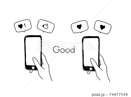 スマホを手で持ちリアクションをするイラスト素材 74977549