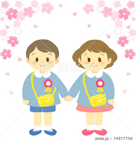 イラスト素材：桜満開の中で男児と女児が手を繋いで記念撮影する春のイメージ 74977756