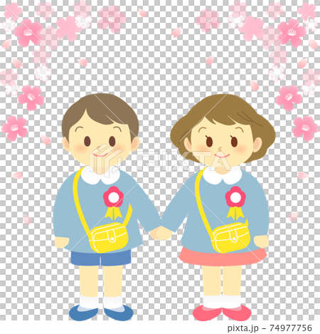イラスト素材：桜満開の中で男児と女児が手を繋いで記念撮影する春のイメージ 74977756