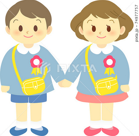 イラスト素材:幼稚園 保育園 男児と女児が仲良く手を繋いでいる姿 イラスト素材:幼稚園 保育園 男児と女児が仲良く手を繋いでいる姿 74977757
