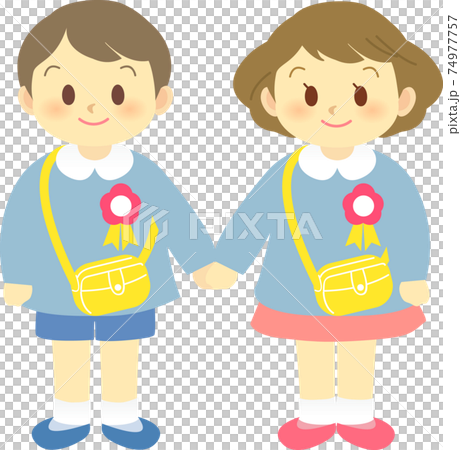 イラスト素材:幼稚園 保育園 男児と女児が仲良く手を繋いでいる姿 イラスト素材:幼稚園 保育園 男児と女児が仲良く手を繋いでいる姿 74977757