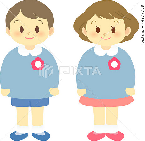 イラスト素材 幼稚園 保育園 男児と女児が仲良く並ぶのイラスト素材