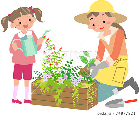 寄せ植えをつくるママと女の子のイラスト素材