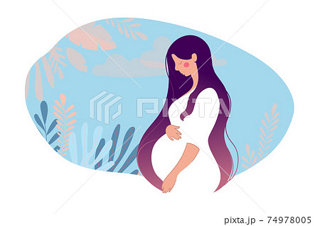 Beautiful young pregnant woman on a natural background with leaves and blue sky. A pregnant girl. Flat doodle illustration isolated on white with place for text. 74978005