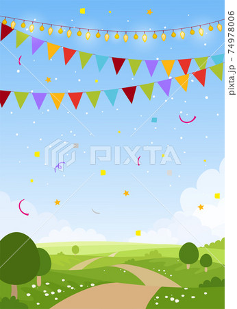 Spring or summer card with meadows, festive card background with place for text. Decorated park with sky, trees, flags, confetti. Blank for birthday, invitation, children s party. Vector flat cartoon Spring or summer card with meadows, festive card background with place for text. Decorated park with sky, trees, flags, confetti. Blank for birthday, invitation, children s party. Vector flat cartoon 74978006