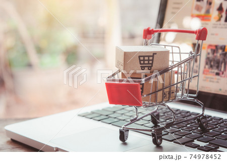 Shopping online. cardboard box with a shopping cart logo in a trolley on laptop keyboard. Shopping service on The online web. offers home delivery Shopping online. cardboard box with a shopping cart logo in a trolley on laptop keyboard. Shopping service on The online web. offers home delivery 74978452