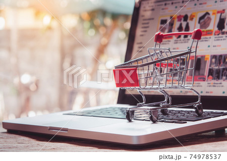 Shopping online concept - Empty shopping cart or trolley on a laptop keyboard. 74978537