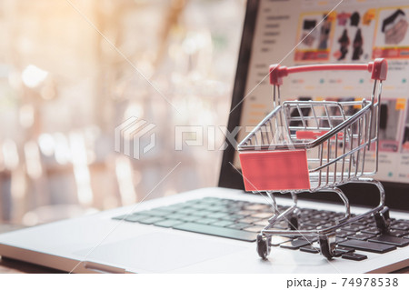 Shopping online concept - Empty shopping cart or trolley on a laptop keyboard. 74978538