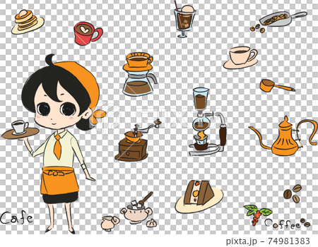 カフェの店員さんとカフェ小物のイラストのイラスト素材