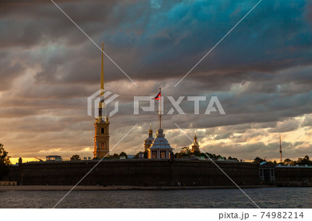 Russia. July 5, 2015. Peter and Paul Fortress, located on Zayachy Island in St. Petersburg in the evening sun. 74982214