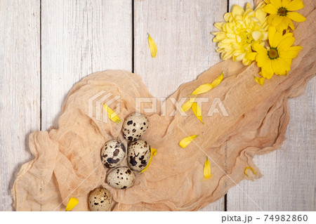 Easter background in natural style. yellow flowers and quail eggs on a Easter background in natural style. yellow flowers and quail eggs on a 74982860