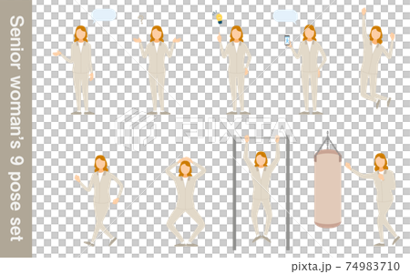 トレーニングウェアのシニア女性、ポーズセット 74983710