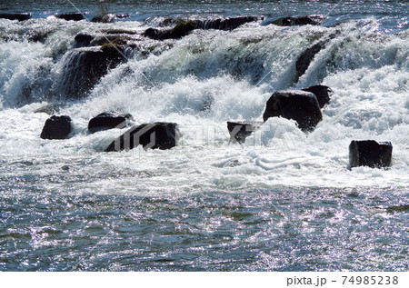 川堰を水が勢い良く流れる光景 … 島根県 安来市 飯梨川(晴れ) 川堰を水が勢い良く流れる光景 … 島根県 安来市 飯梨川(晴れ) 74985238