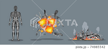 Exploding and burning cyborg clipart. Humanoid robot mechanical body parts self destructs with bright red flash. 74985542