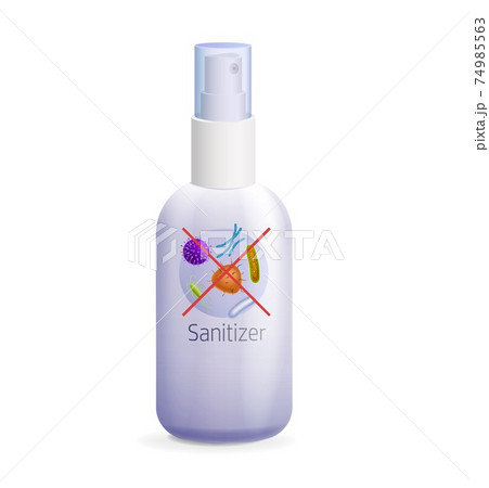 Sanitizer plastic bottle with dispenser. Realistic antiseptic disinfectant with crossed red lines bacteria. 74985563