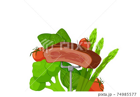 Fried meat on fork surrounded vegetables clipart. Juicy brown beefsteak with red tomatoes. 74985577