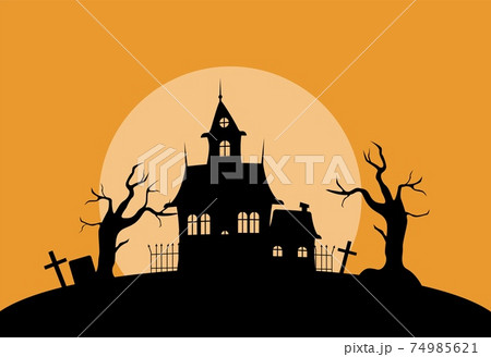 Mystical house in cemetery silhouette illustration. Spooky old palace with dry trees and gravestones against setting sun. 74985621