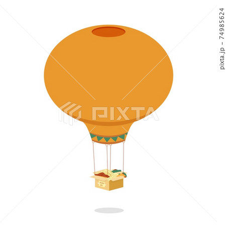 Balloon attached to box. Orange air travel vehicle carry open box creative travel in free vector flight. Balloon attached to box. Orange air travel vehicle carry open box creative travel in free vector flight. 74985624