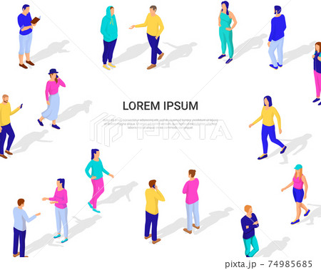 People walking and chatting with each other isometric banner. Male and female characters in pink green clothes with blue pants discussing news. 74985685