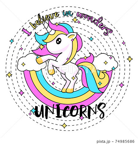 Cute magical unicorn. Print for t-shirt. Romantic hand drawing