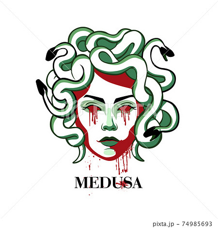 Severed head gorgon medusa. Bleeding mythical creature with snakes instead of hair eerie look. Severed head gorgon medusa. Bleeding mythical creature with snakes instead of hair eerie look. 74985693