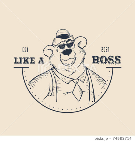 Stylish bear looking like boss illustration. Fashionable sketch teddy in hat and glasses dressed in office style. 74985714
