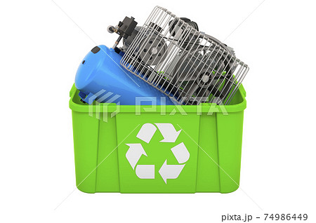 Recycling trashcan with air compressor, 3D rendering Recycling trashcan with air compressor, 3D rendering 74986449
