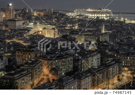 Port of Genoa seen from above at night 74987145