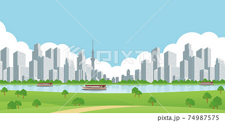 ビルの街並み　公園　背景素材 74987575
