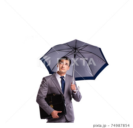 Businessman with umbrella isolated on white background Businessman with umbrella isolated on white background 74987854