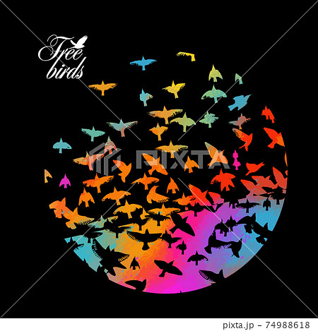 Bird watercolor. A flock of colorful birds. Mixed media. Abstraction in a circle of a bird. Vector illustration 74988618