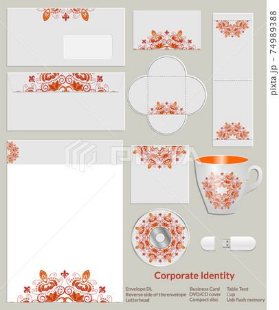 Design of corporate identity. Bright red and yellow abstract floral pattern for the company in the field of fashion and art. Design of corporate identity. Bright red and yellow abstract floral pattern for the company in the field of fashion and art. 74989388