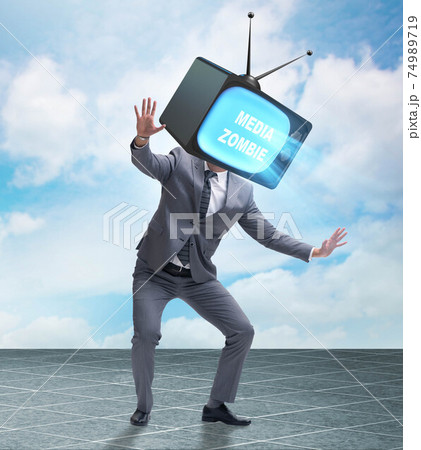 Media zombie concept with man and tv set instead of head Media zombie concept with man and tv set instead of head 74989719