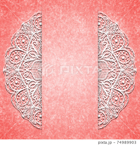 Abstract pink background with white lacy mandala pattern. Abstract pink background with white lacy mandala pattern. 74989903