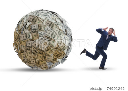 Businessman running away from dollar ball Businessman running away from dollar ball 74991242