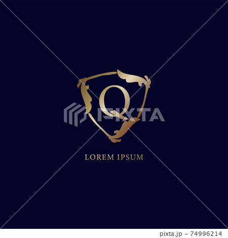 Letter Q Alphabetic logo design template isolated on navy blue backgroud. Decorative floral shield sign illustration. Luxury metalic gold security logo concept. Letter Q Alphabetic logo design template isolated on navy blue backgroud. Decorative floral shield sign illustration. Luxury metalic gold security logo concept. 74996214