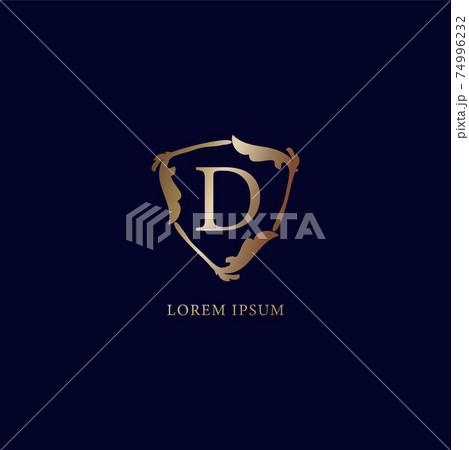 Letter D Alphabetic logo design template isolated on navy blue backgroud. Luxury metalic gold security logo concept. Decorative floral shield sign illustration 74996232