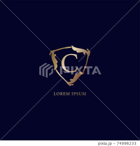Letter C Alphabetic logo design template. Luxury metalic gold security logo concept. Decorative floral shield sign illustration isolated on navy blue backgroud. 74996233